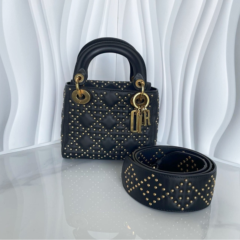 Dior Lady Dior Top Handle Black Cannage Lambskin Studded Mini Bag